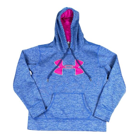 Under Armour Hoodie Womens Medium Blue Pink Logo Sweatshirt Sweater Coldgear - Picture 1 of 6